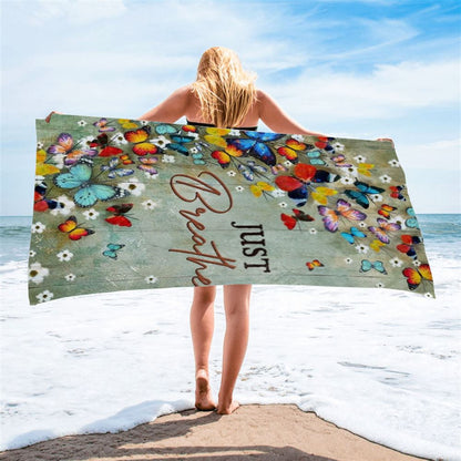 Colorful Butterflies, White Flowers, Just Breathe Beach Towel, Christian Beach Towel, Christian Gift, Gift For Women