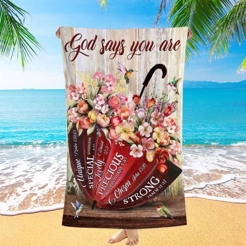 Colorful Flowers, Red Umbrella, God Says You Are Beach Towel, Christian Beach Towel, Christian Gift, Gift For Women