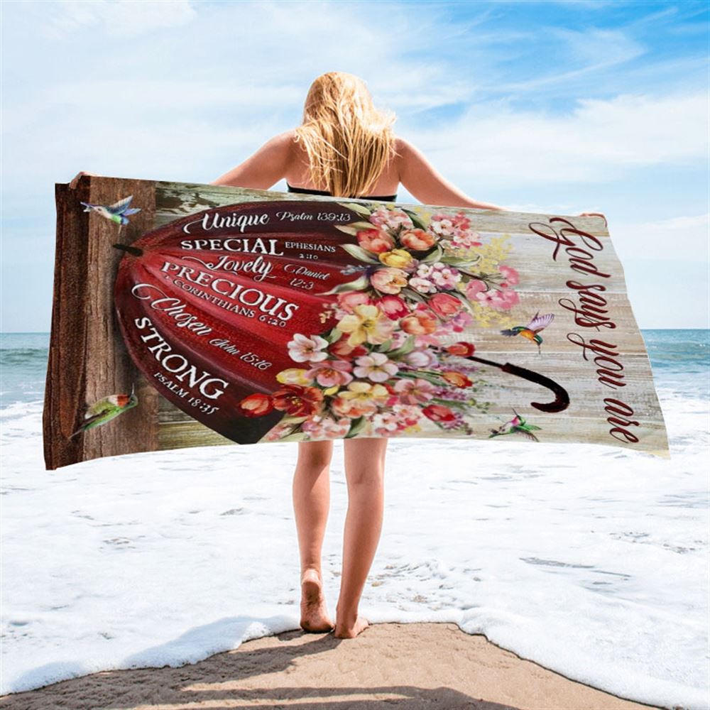Colorful Flowers, Red Umbrella, God Says You Are Beach Towel, Christian Beach Towel, Christian Gift, Gift For Women