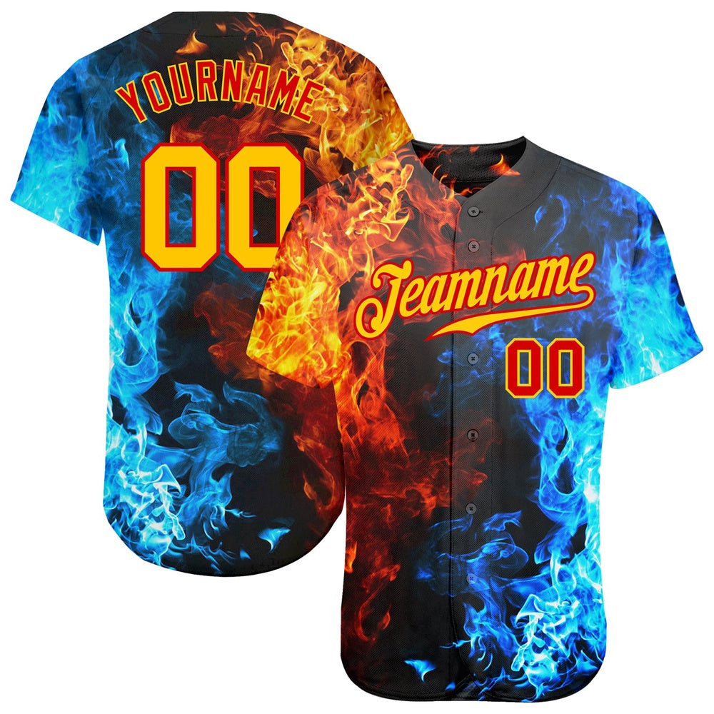 Cool Baseball Jersey, Custom Red Gold 3D Pattern Design Flame Authentic Baseball Jersey, Best Baseball Jerseys