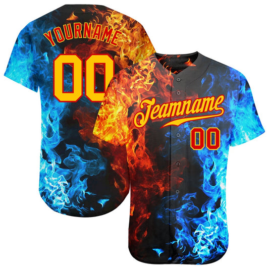 Cool Baseball Jersey, Custom Red Gold 3D Pattern Design Flame Authentic Baseball Jersey, Best Baseball Jerseys