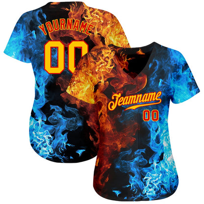 Cool Baseball Jersey, Custom Red Gold 3D Pattern Design Flame Authentic Baseball Jersey, Best Baseball Jerseys