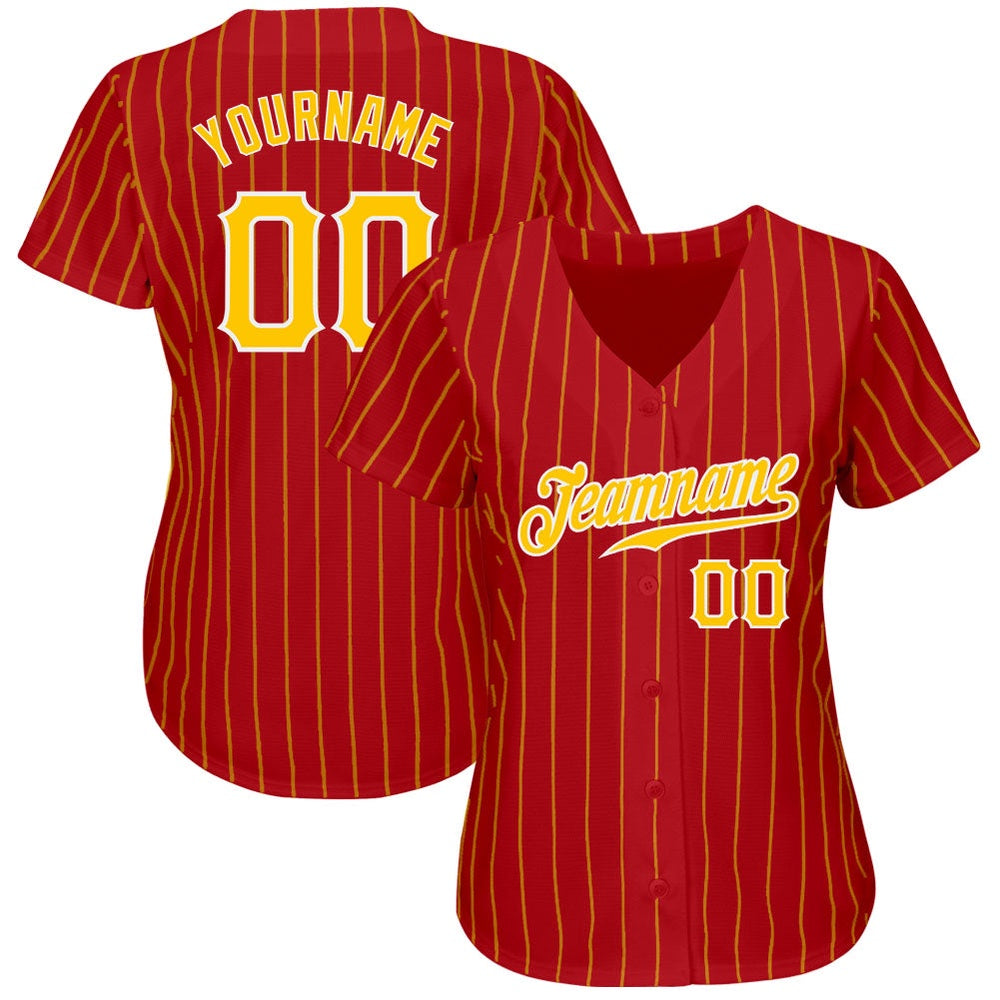 Cool Baseball Jersey, Custom Red Gold Pinstripe Gold White Authentic Baseball Jersey, Best Baseball Jerseys