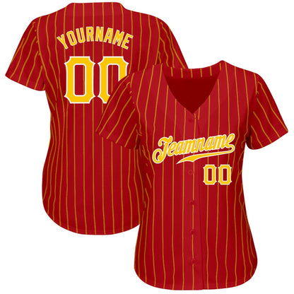 Cool Baseball Jersey, Custom Red Gold Pinstripe Gold White Authentic Baseball Jersey, Best Baseball Jerseys