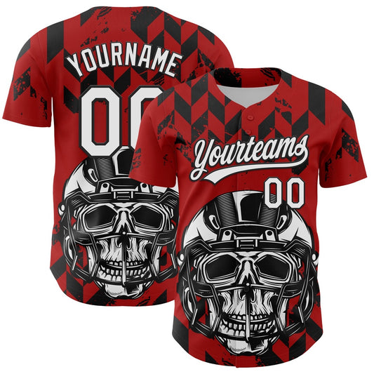 Cool Baseball Jersey, Custom Red White Black 3D Pattern Design Football Skull Helmet Authentic Baseball Jersey