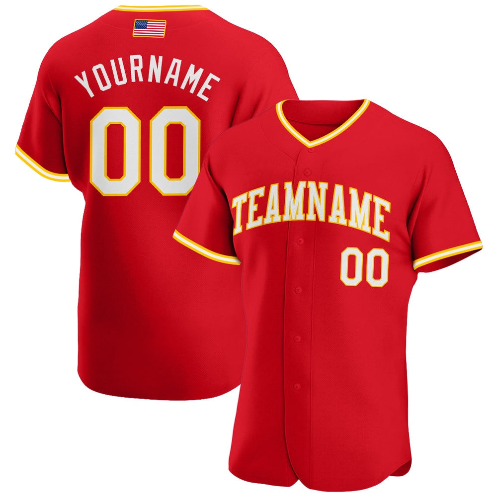 Cool Baseball Jersey, Custom Red White Gold Authentic American Flag Fashion Baseball Jersey, Best Baseball Jerseys