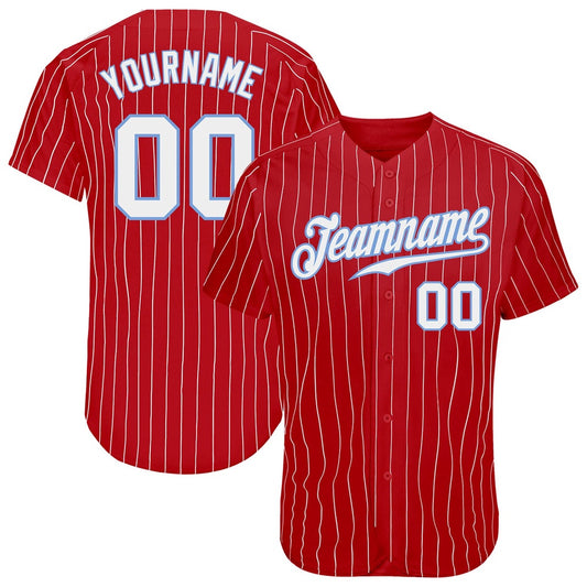 Cool Baseball Jersey, Custom Red White Pinstripe White Light Blue Authentic Baseball Jersey, Best Baseball Jerseys