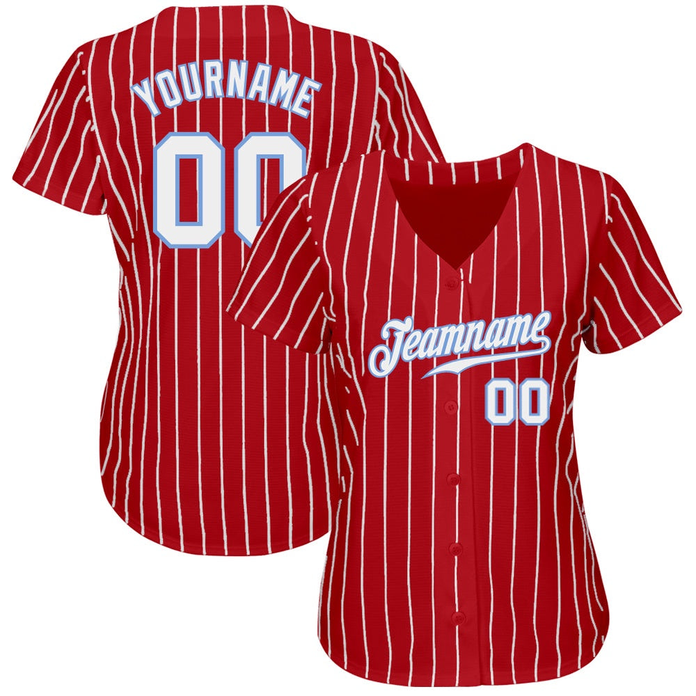 Cool Baseball Jersey, Custom Red White Pinstripe White Light Blue Authentic Baseball Jersey, Best Baseball Jerseys
