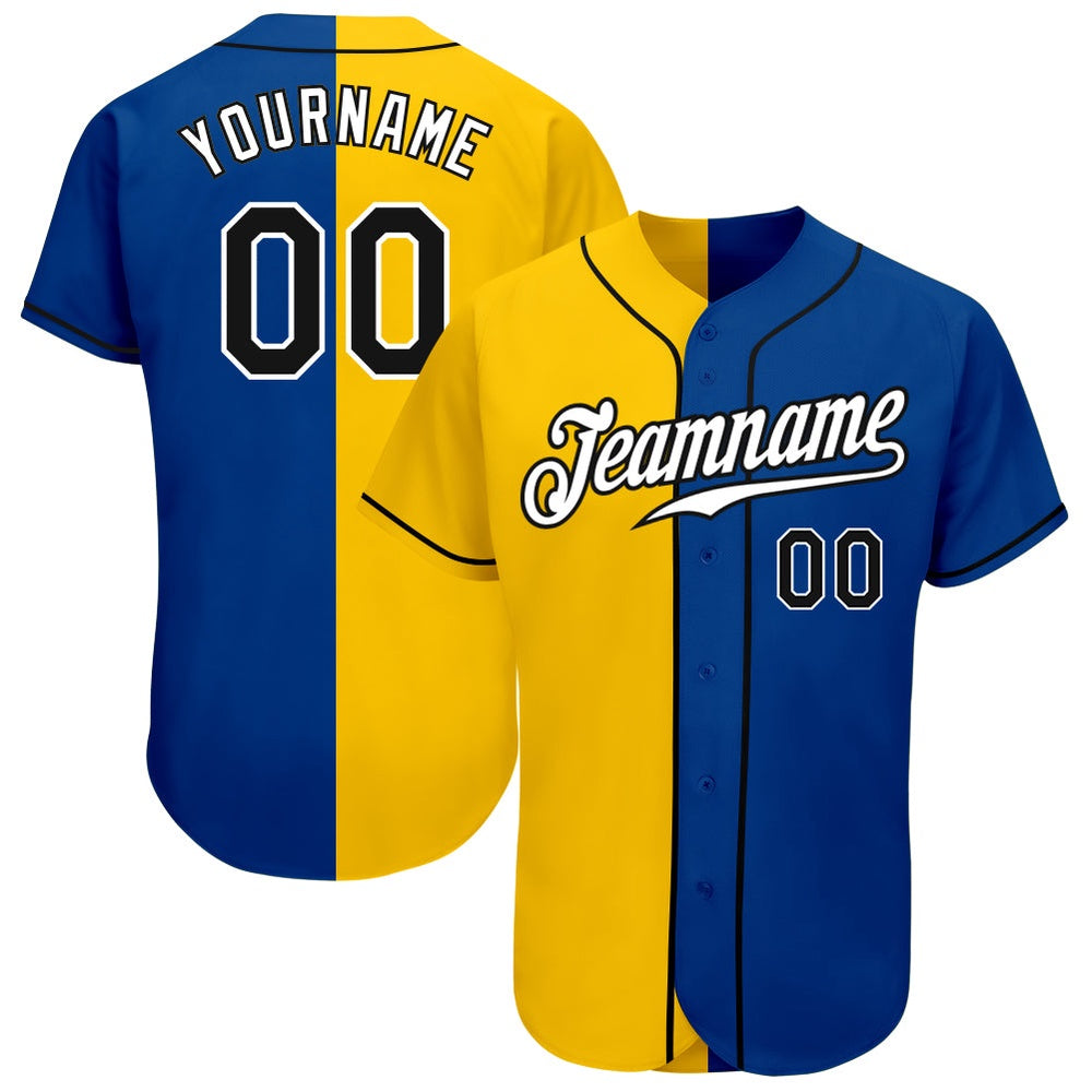 Cool Baseball Jersey, Custom Royal Black Yellow Authentic Split Fashion Baseball Jersey, Best Baseball Jerseys