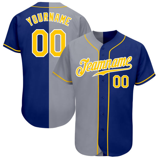 Cool Baseball Jersey, Custom Royal Gold Gray Authentic Split Fashion Baseball Jersey, Best Baseball Jerseys