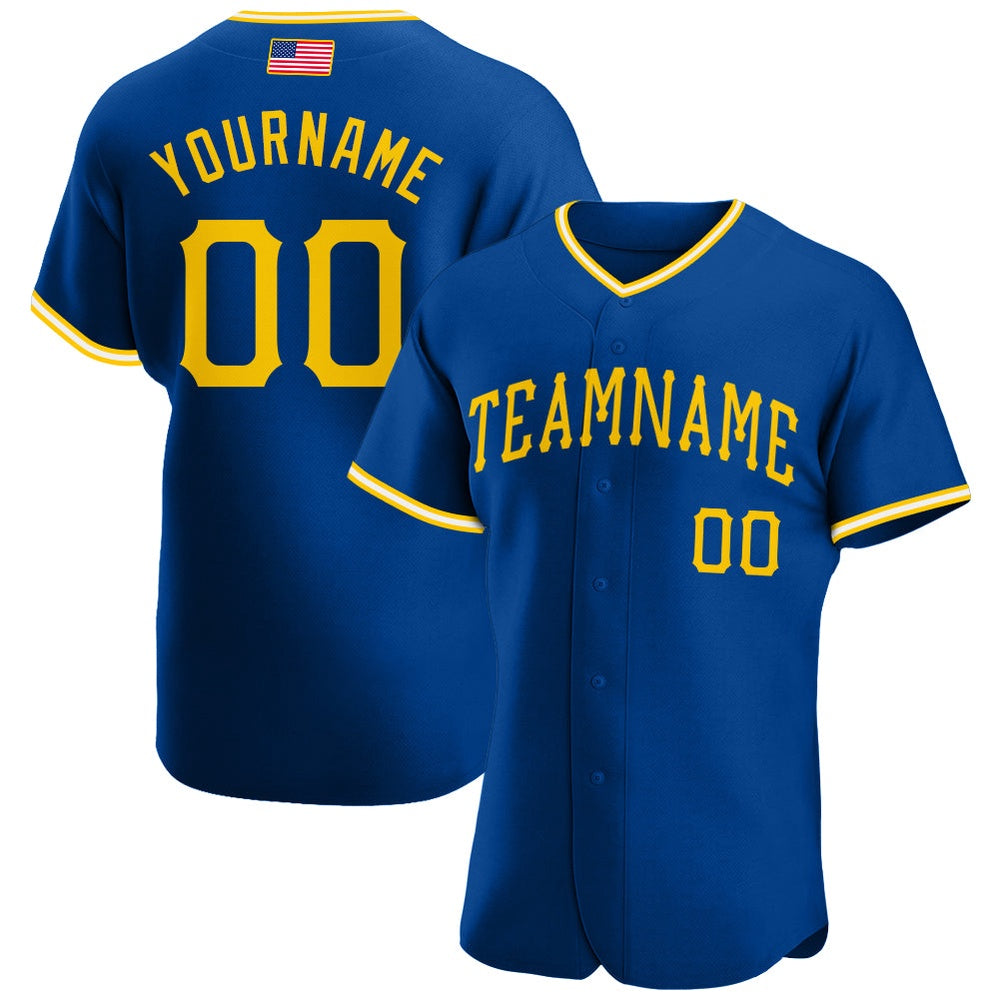 Cool Baseball Jersey, Custom Royal Gold White Authentic American Flag Fashion Baseball Jersey, Best Baseball Jerseys