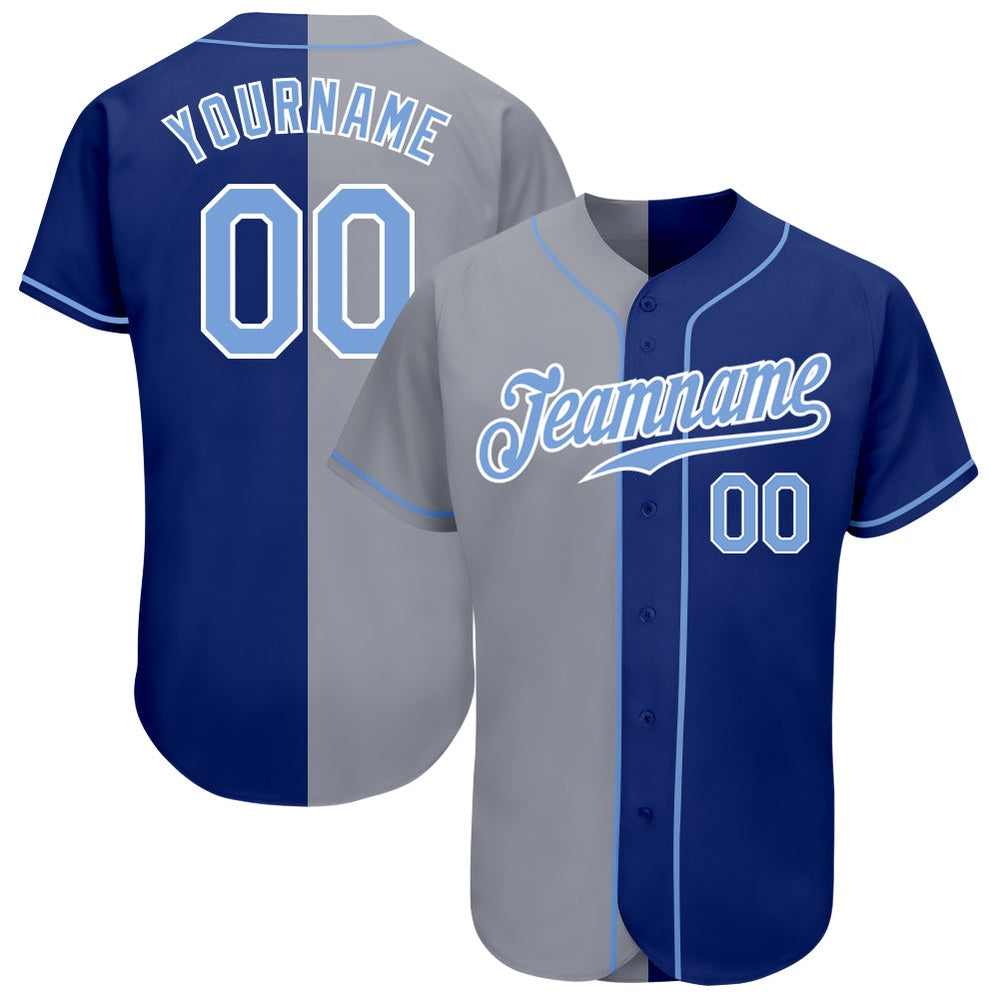 Cool Baseball Jersey, Custom Royal Light Blue Gray Authentic Split Fashion Baseball Jersey, Best Baseball Jerseys