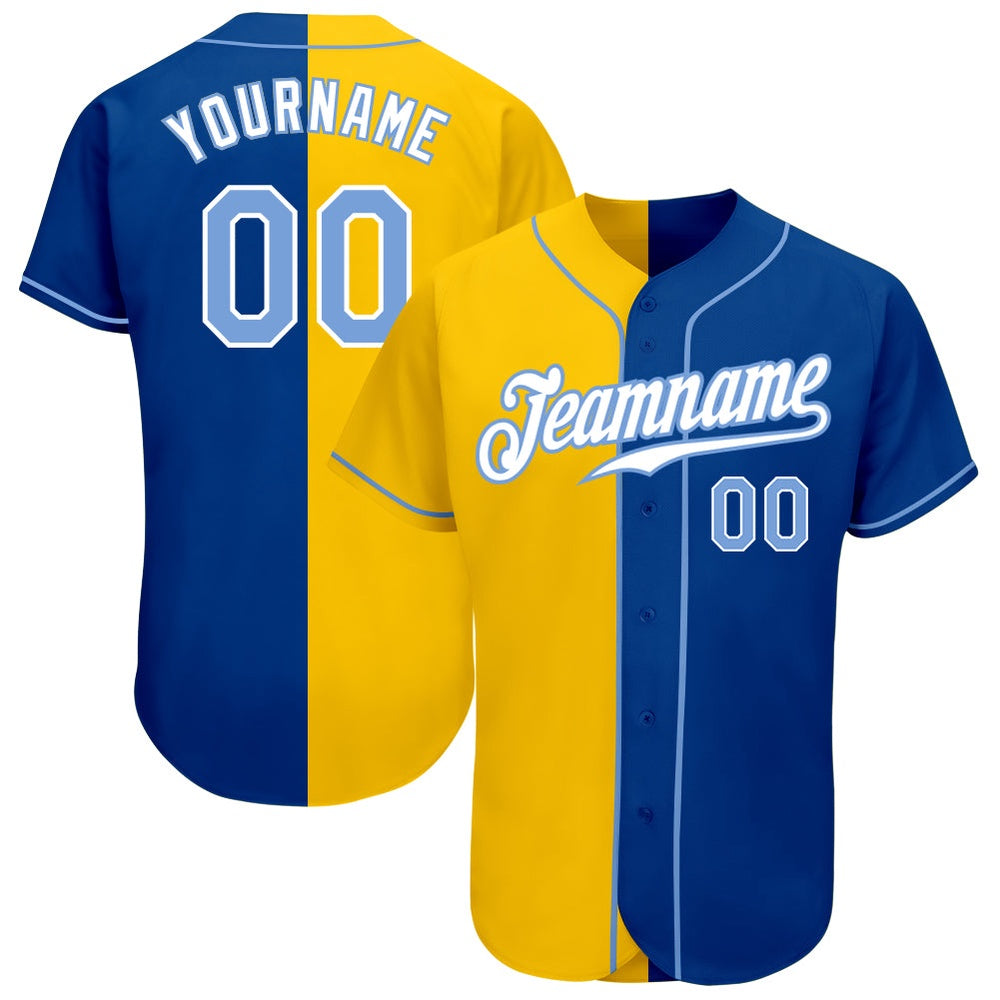 Cool Baseball Jersey, Custom Royal Light Blue Yellow Authentic Split Fashion Baseball Jersey, Best Baseball Jerseys