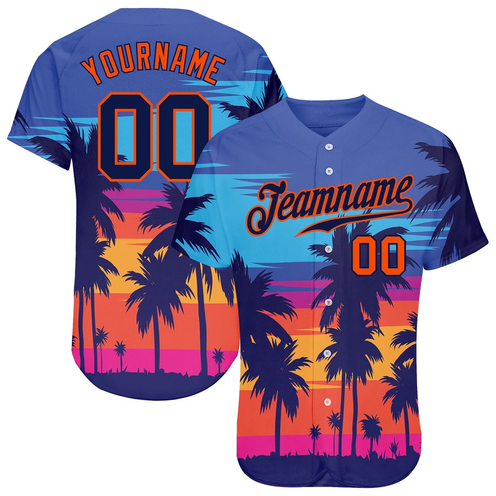Cool Baseball Jersey, Custom Royal Navy Orange 3D Pattern Design Palm Trees Authentic Baseball Jersey, Best Baseball Jerseys
