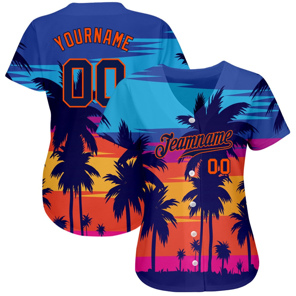 Cool Baseball Jersey, Custom Royal Navy Orange 3D Pattern Design Palm Trees Authentic Baseball Jersey, Best Baseball Jerseys