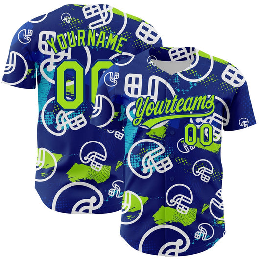 Cool Baseball Jersey, Custom Royal Neon Green White 3D Pattern Design Football Helmet Authentic Baseball Jersey