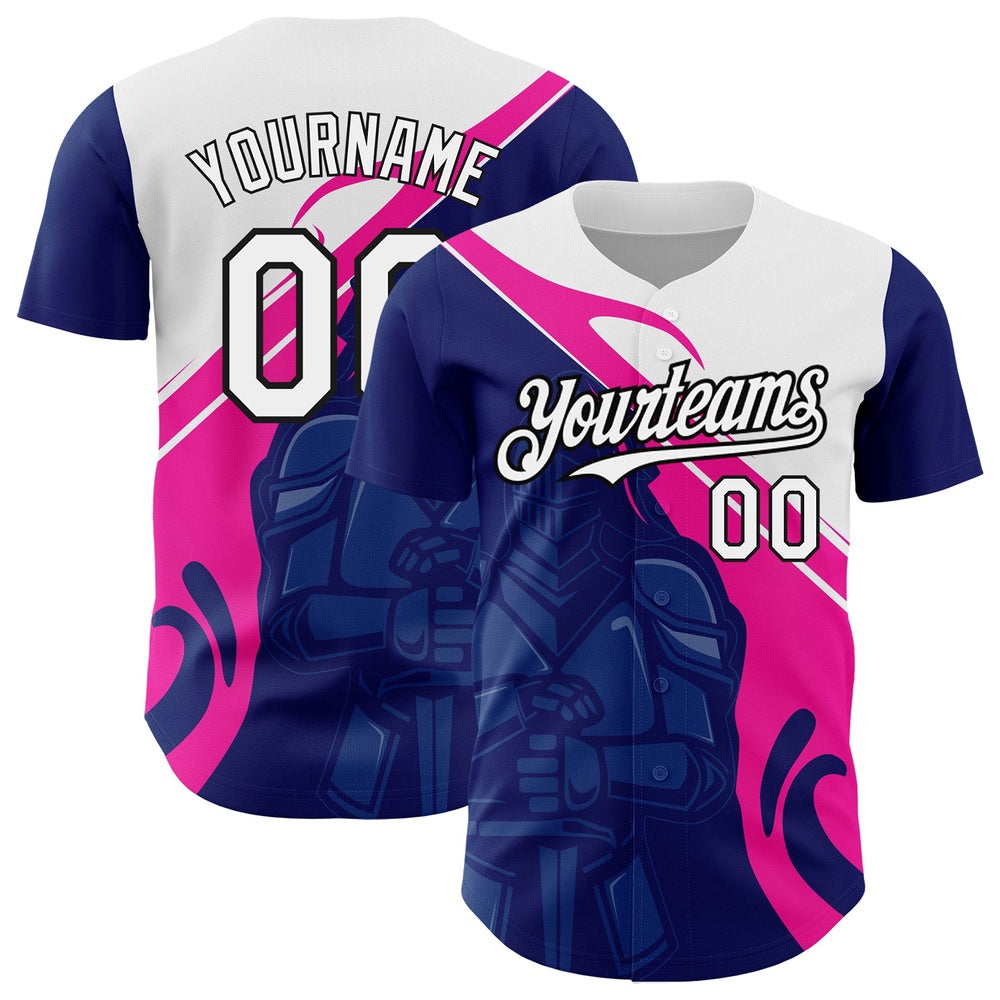Cool Baseball Jersey, Custom Royal Pink Black 3D Pattern Design Knight Hero Art Authentic Baseball Jersey