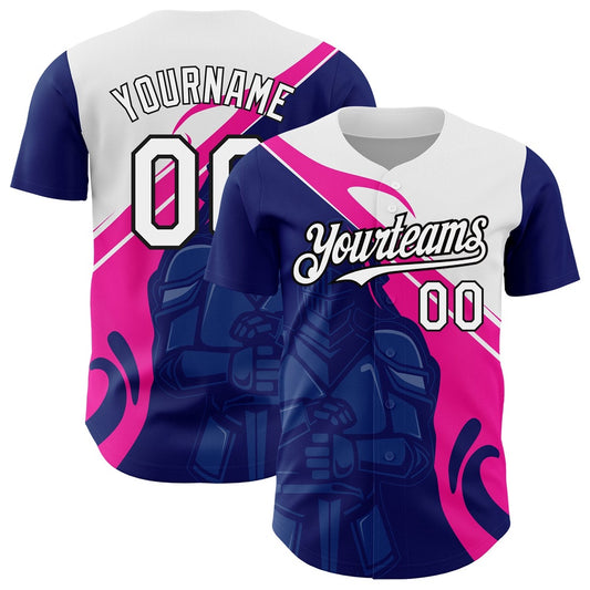 Cool Baseball Jersey, Custom Royal Pink Black 3D Pattern Design Knight Hero Art Authentic Baseball Jersey
