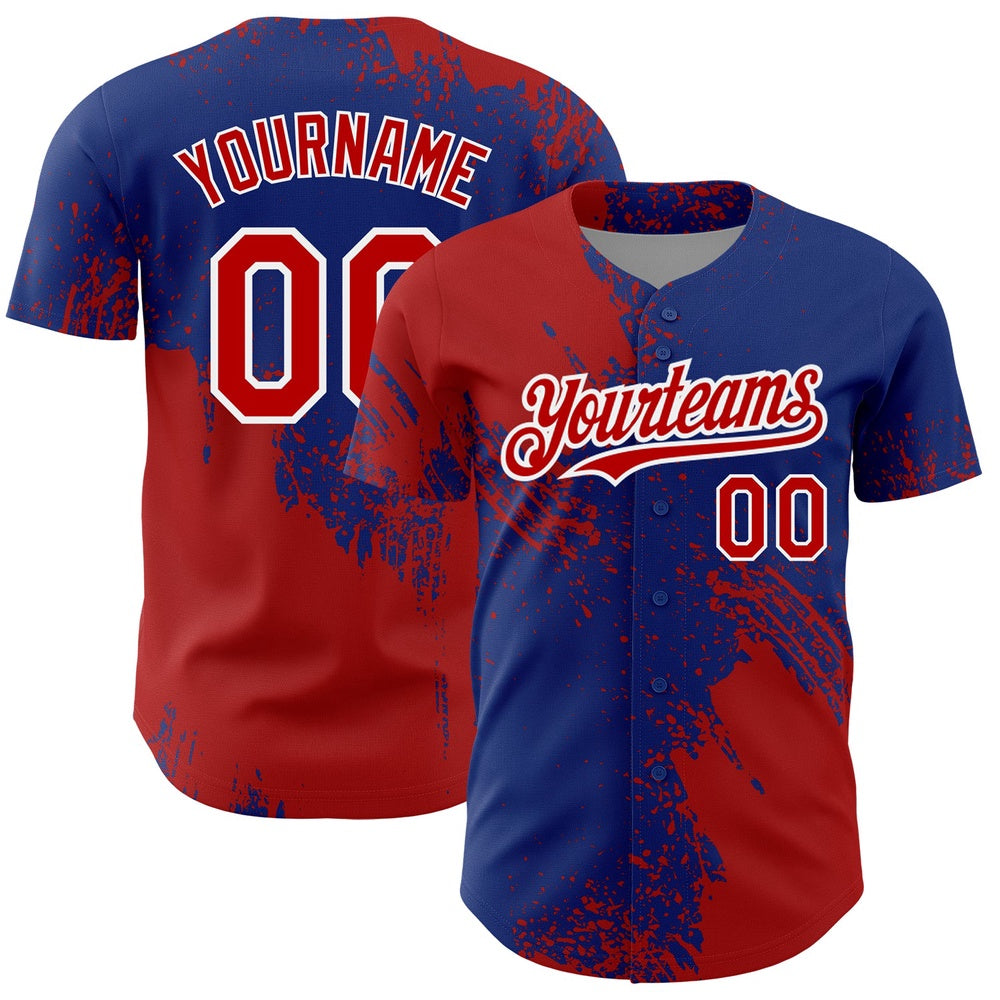 Cool Baseball Jersey, Custom Royal Red White 3D Pattern Design Abstract Brush Stroke Authentic Baseball Jersey
