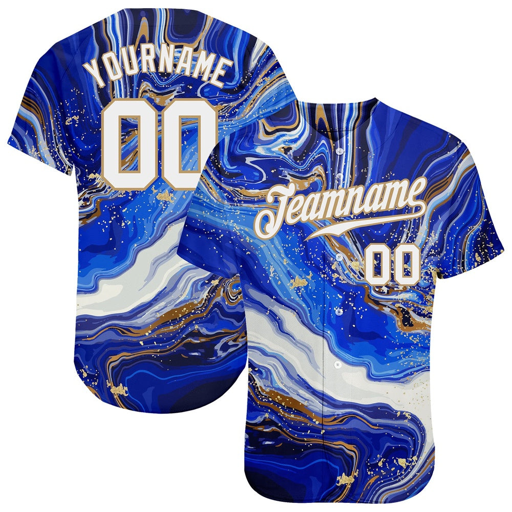 Cool Baseball Jersey, Custom Royal White Old Gold 3D Pattern Design Marble Authentic Baseball Jersey, Best Baseball Jerseys