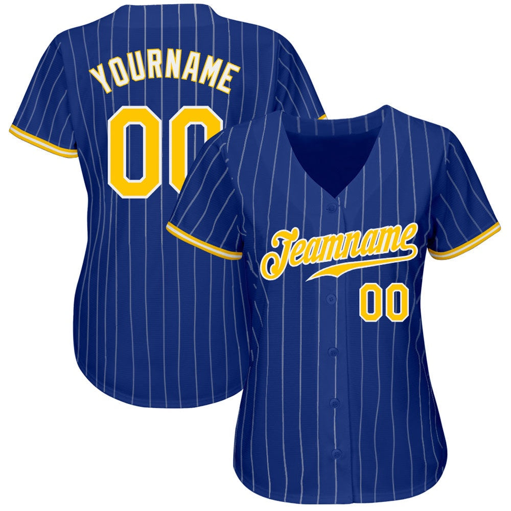 Cool Baseball Jersey, Custom Royal White Pinstripe Gold White Authentic Baseball Jersey, Best Baseball Jerseys