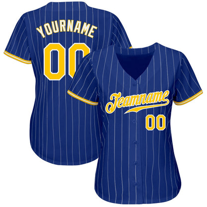 Cool Baseball Jersey, Custom Royal White Pinstripe Gold White Authentic Baseball Jersey, Best Baseball Jerseys