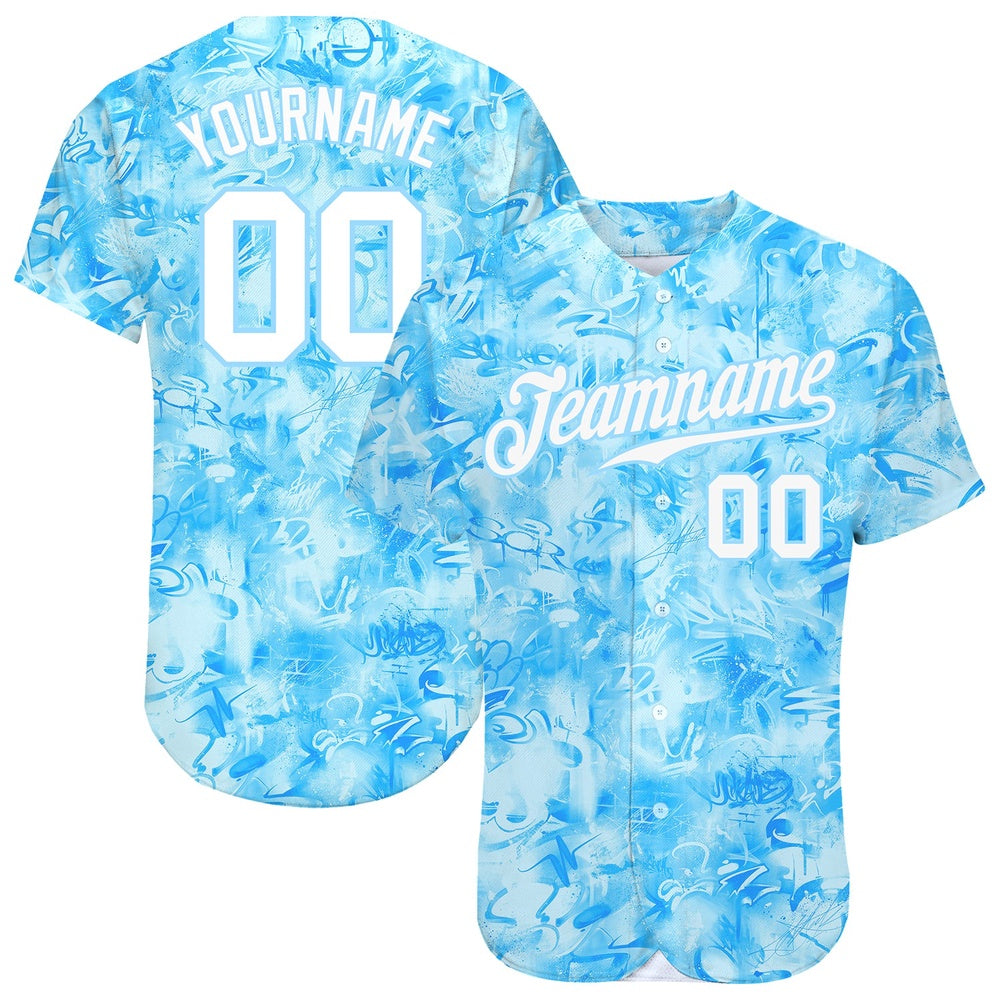 Cool Baseball Jersey, Custom Scratch Graffiti Pattern White Light Blue 3D Authentic Baseball Jersey, Best Baseball Jerseys