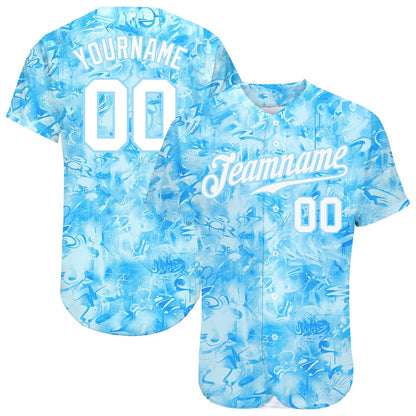 Cool Baseball Jersey, Custom Scratch Graffiti Pattern White Light Blue 3D Authentic Baseball Jersey, Best Baseball Jerseys