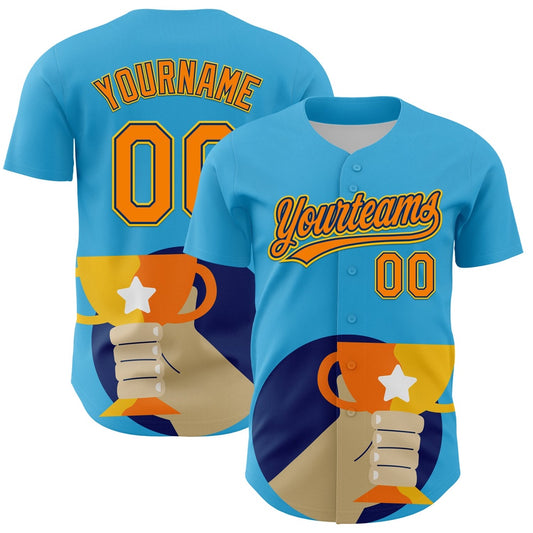 Cool Baseball Jersey, Custom Sky Blue Bay Orange US Navy Blue Yellow 3D Pattern Design Champion Trophy Authentic Baseball Jersey