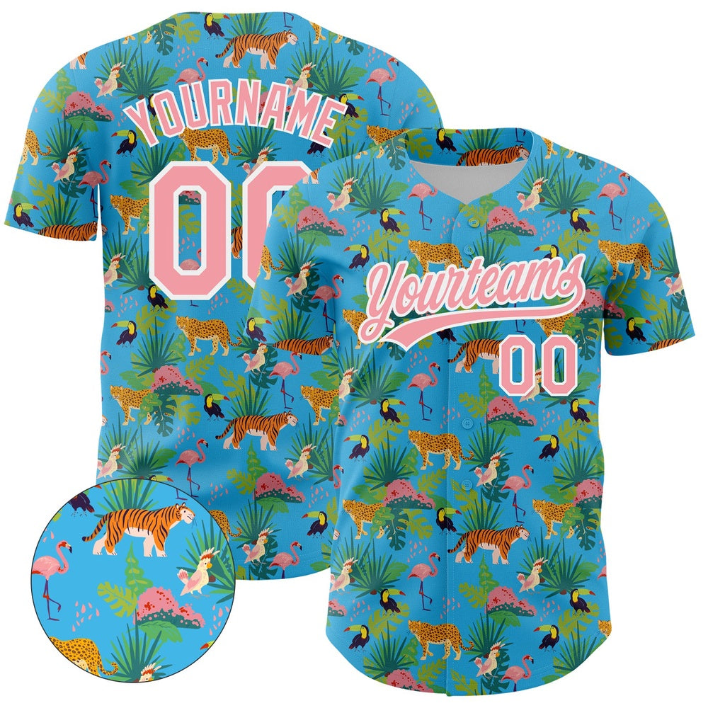 Cool Baseball Jersey, Custom Sky Blue Medium Pink White Pattern Design Animal Tiger Leopard Flamingo And Hawaii Palm Leaves Authentic Baseball Jersey