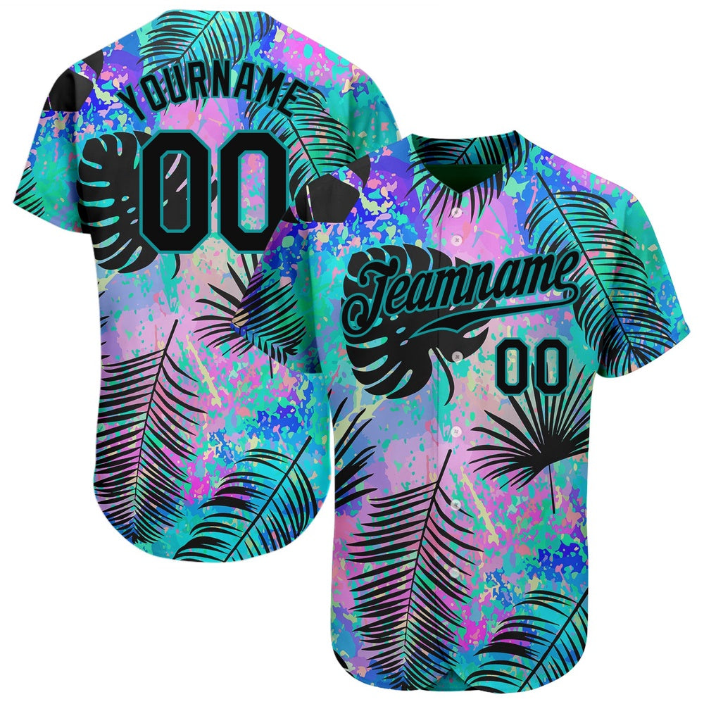 Cool Baseball Jersey, Custom Teal Black 3D Pattern Design Hawaii Palm Leaves Authentic Baseball Jersey, Best Baseball Jerseys