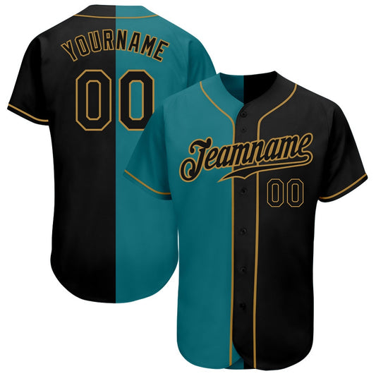 Cool Baseball Jersey, Custom Teal Black Old Gold Authentic Split Fashion Baseball Jersey, Best Baseball Jerseys