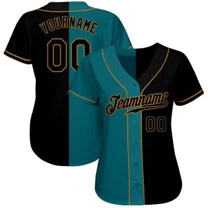 Cool Baseball Jersey, Custom Teal Black Old Gold Authentic Split Fashion Baseball Jersey, Best Baseball Jerseys