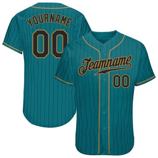 Cool Baseball Jersey, Custom Teal Black Pinstripe Black Old Gold Authentic Baseball Jersey, Best Baseball Jerseys