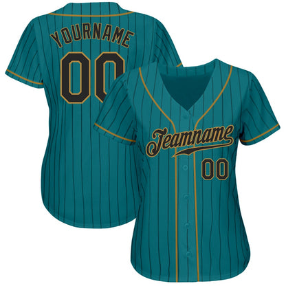 Cool Baseball Jersey, Custom Teal Black Pinstripe Black Old Gold Authentic Baseball Jersey, Best Baseball Jerseys