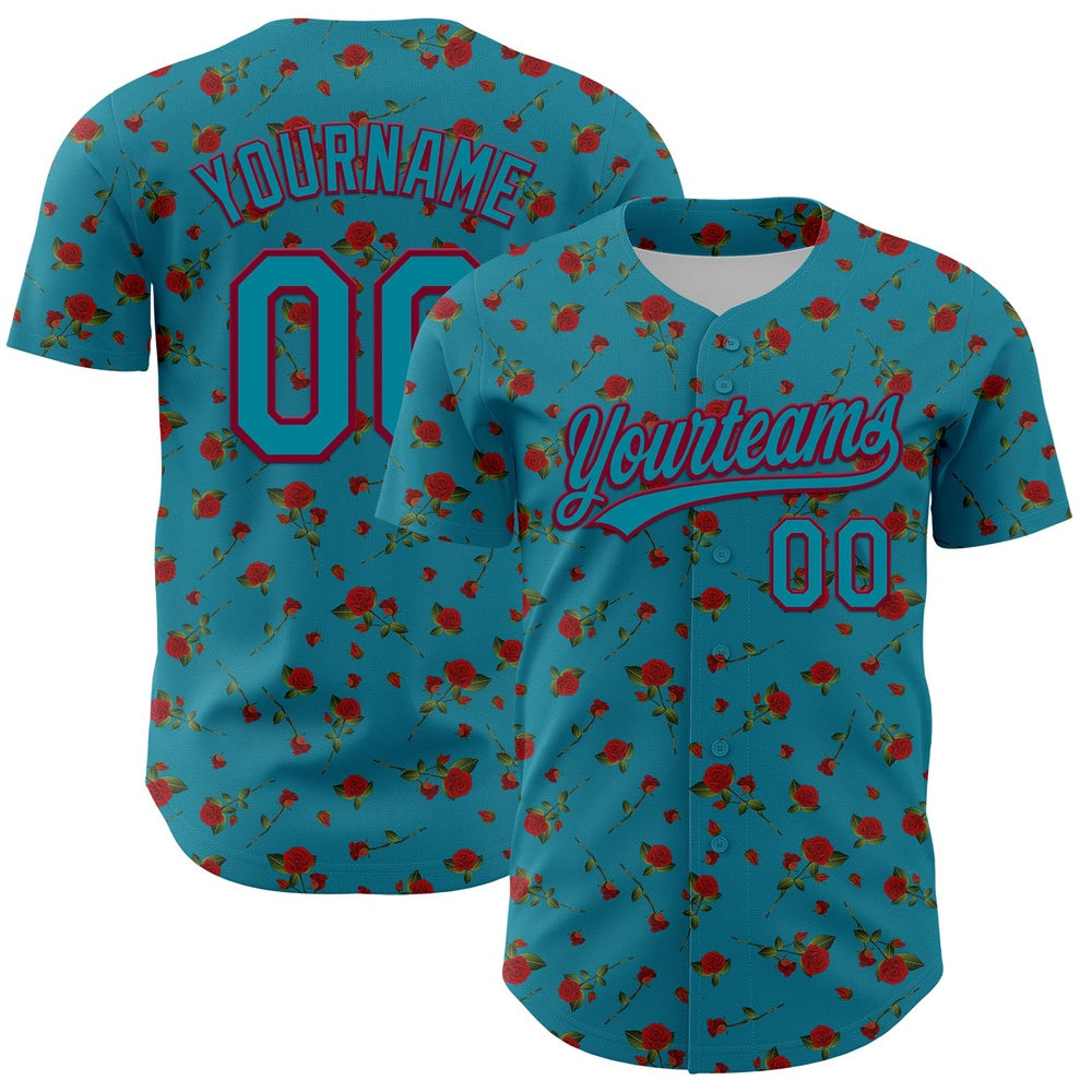 Cool Baseball Jersey, Custom Teal Maroon 3D Pattern Design Gothic Style Rose Authentic Baseball Jersey, Best Baseball Jerseys