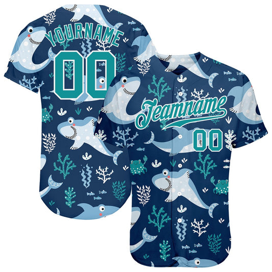 Cool Baseball Jersey, Custom Teal Teal White 3D Pattern Design Sharks Authentic Baseball Jersey, Best Baseball Jerseys