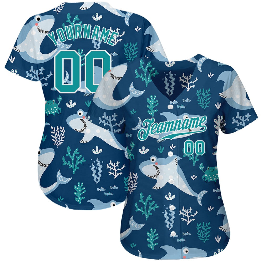 Cool Baseball Jersey, Custom Teal Teal White 3D Pattern Design Sharks Authentic Baseball Jersey, Best Baseball Jerseys