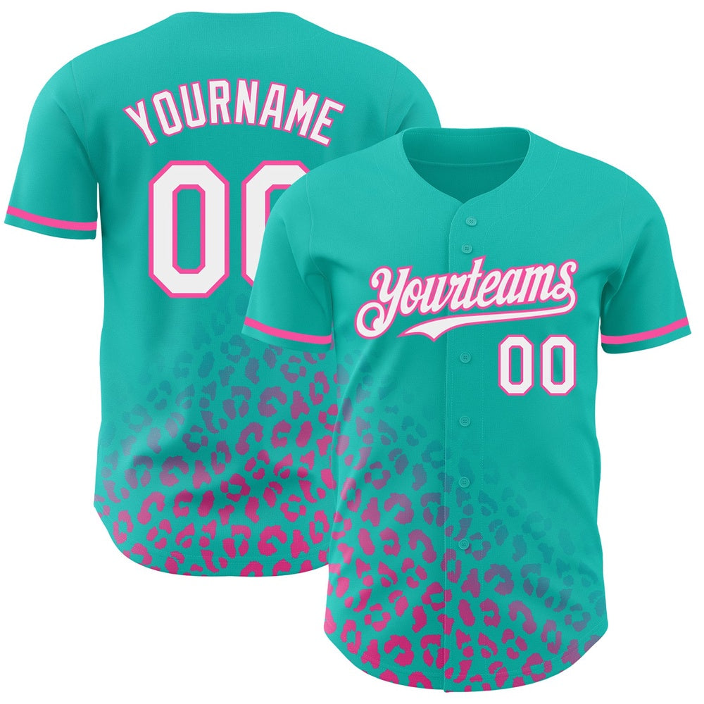 Cool Baseball Jersey, Custom Teal White Pink 3D Pattern Design Leopard Print Fade Fashion Authentic Baseball Jersey, Best Baseball Jerseys
