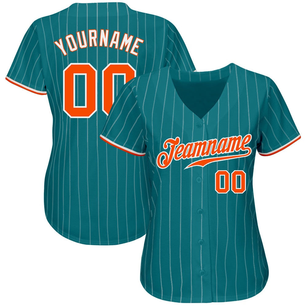 Cool Baseball Jersey, Custom Teal White Pinstripe Orange White Authentic Baseball Jersey, Best Baseball Jerseys