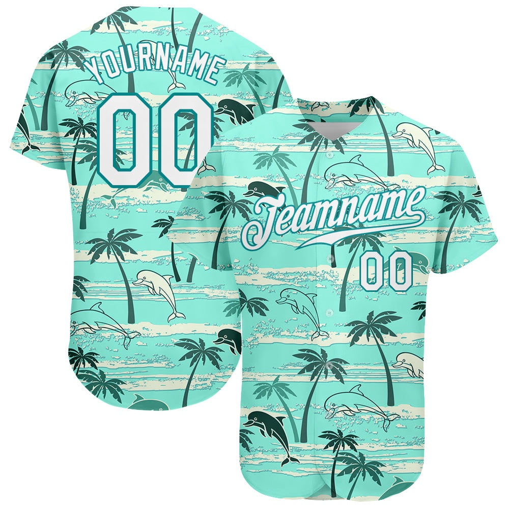 Cool Baseball Jersey, Custom Teal White Teal 3D Pattern Design Hawaii Palm Trees Authentic Baseball Jersey, Best Baseball Jerseys