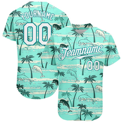 Cool Baseball Jersey, Custom Teal White Teal 3D Pattern Design Hawaii Palm Trees Authentic Baseball Jersey, Best Baseball Jerseys