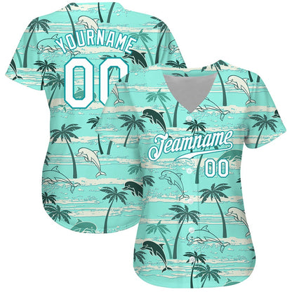 Cool Baseball Jersey, Custom Teal White Teal 3D Pattern Design Hawaii Palm Trees Authentic Baseball Jersey, Best Baseball Jerseys