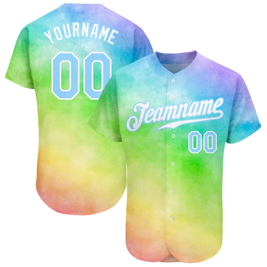 Cool Baseball Jersey, Custom Tie Dye Light Blue White 3D Rainbow Authentic Baseball Jersey, Best Baseball Jerseys