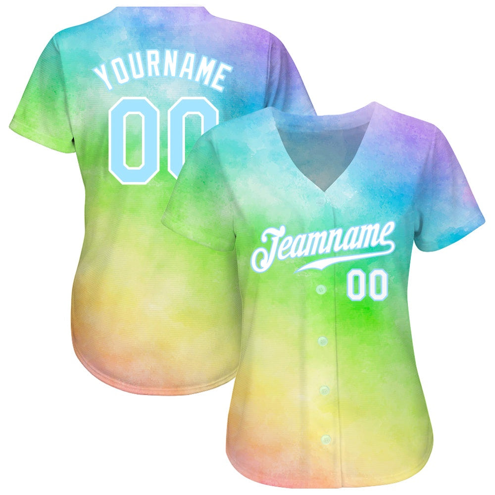 Cool Baseball Jersey, Custom Tie Dye Light Blue White 3D Rainbow Authentic Baseball Jersey, Best Baseball Jerseys