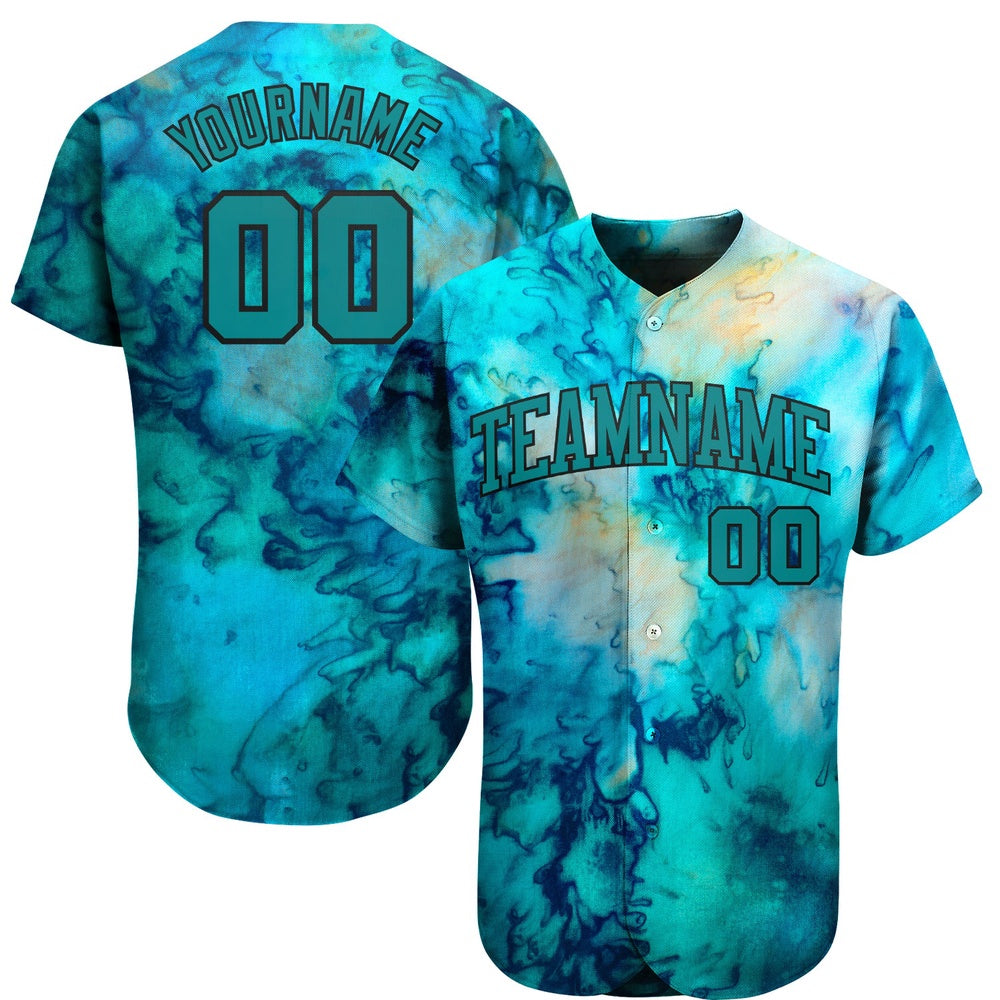 Cool Baseball Jersey, Custom Tie Dye Teal Black 3D Authentic Baseball Jersey, Best Baseball Jerseys