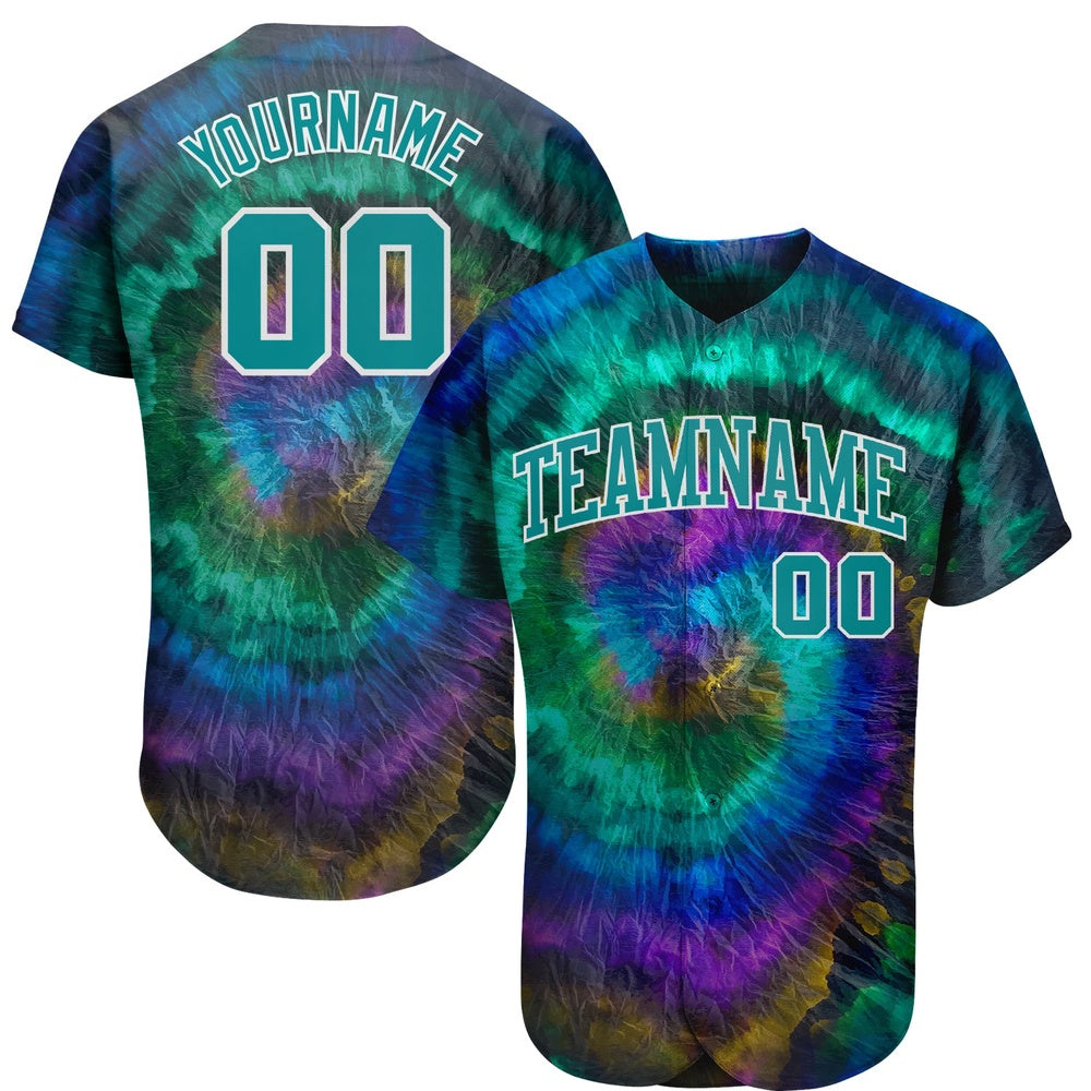 Cool Baseball Jersey, Custom Tie Dye Teal White 3D Authentic Baseball Jersey, Best Baseball Jerseys