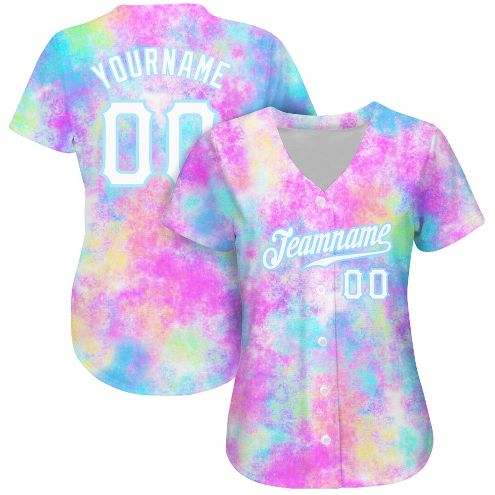 Cool Baseball Jersey, Custom Tie Dye White Light Blue 3D Watercolor Gradient Authentic Baseball Jersey, Best Baseball Jerseys