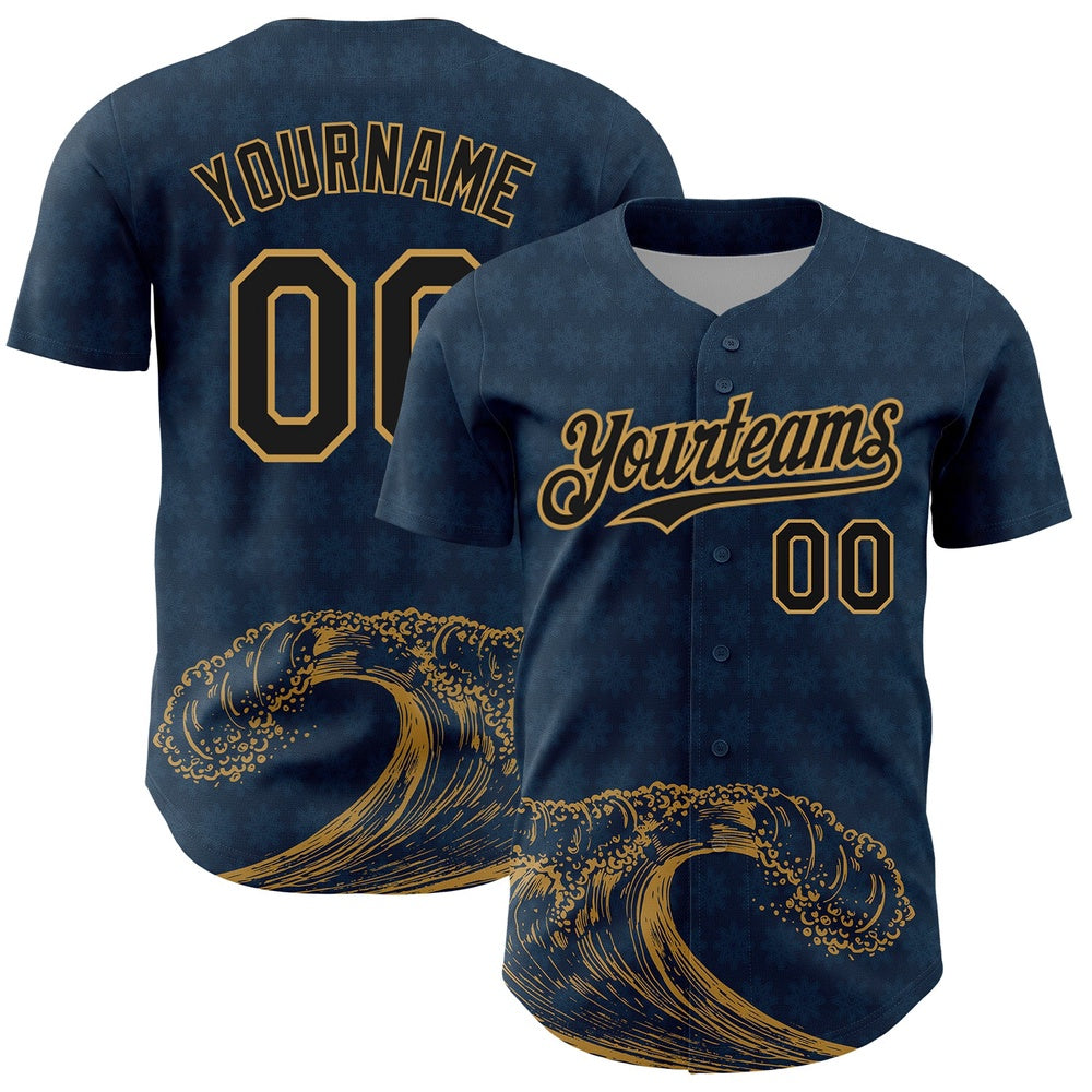 Cool Baseball Jersey, Custom US Navy Blue Black Old Gold 3D Pattern Design Wave Authentic Baseball Jersey, Best Baseball Jerseys