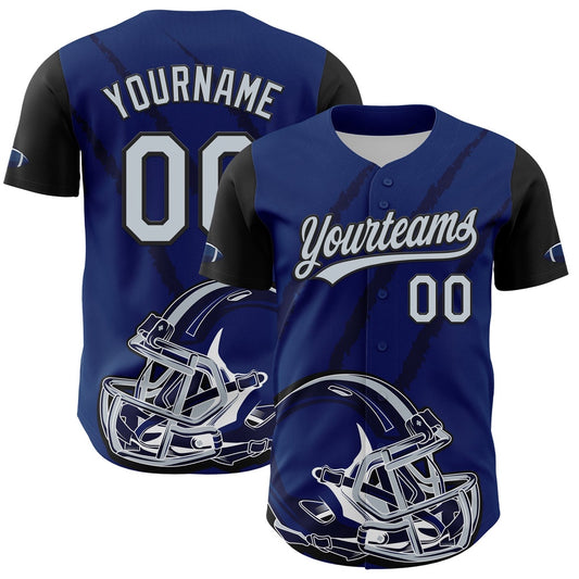 Cool Baseball Jersey, Custom US Navy Blue Silver Black 3D Pattern Design Football Helmet And Animal Claw Authentic Baseball Jersey